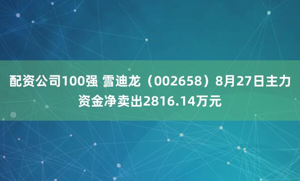 配资公司100强 雪迪龙（002658）8月27日主力资金净卖出2816.14万元
